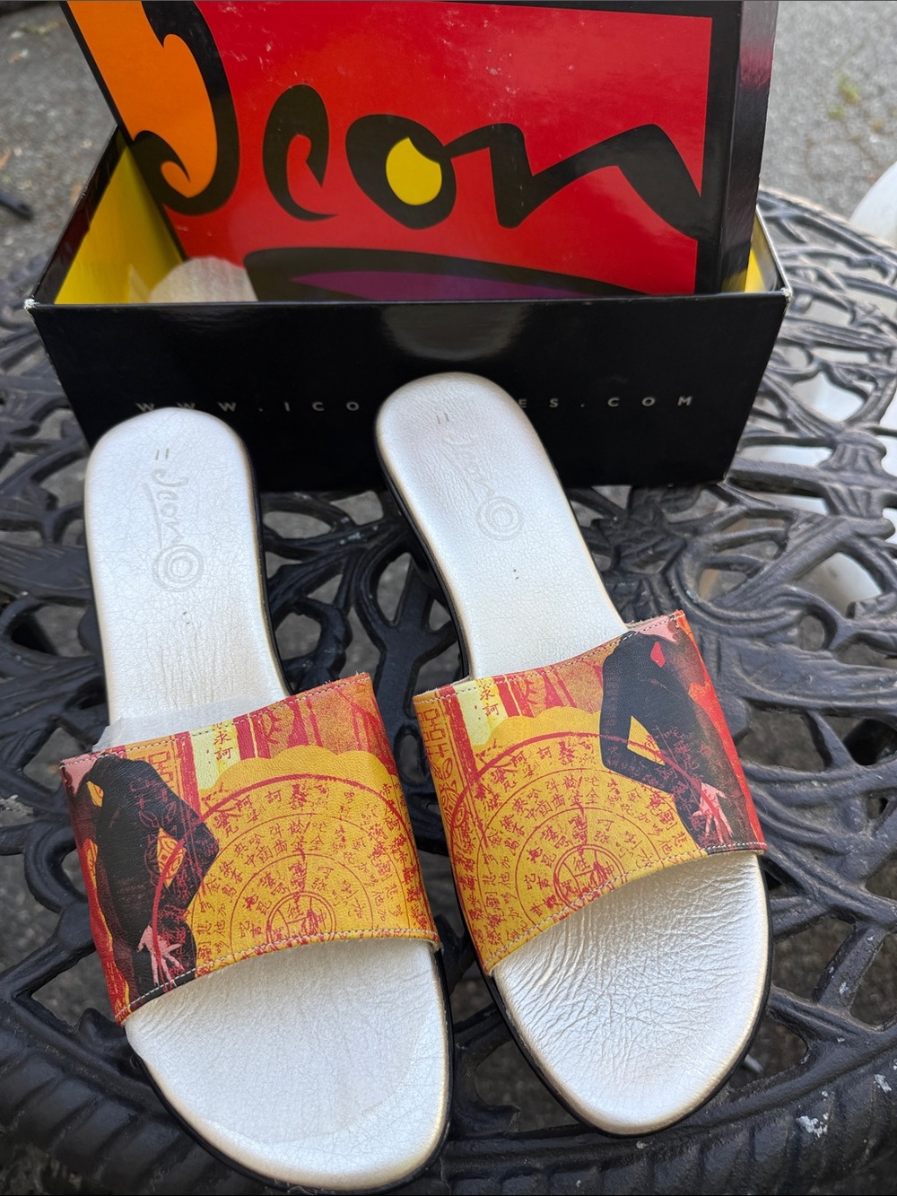 ICON Silver Footbed Slides with Red & Yellow Graphic Strap